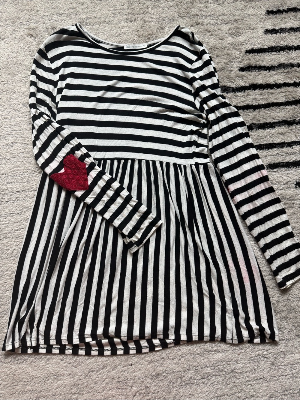Black & White Striped Long-Sleeve Peplum Top with Red Elbow Patch
